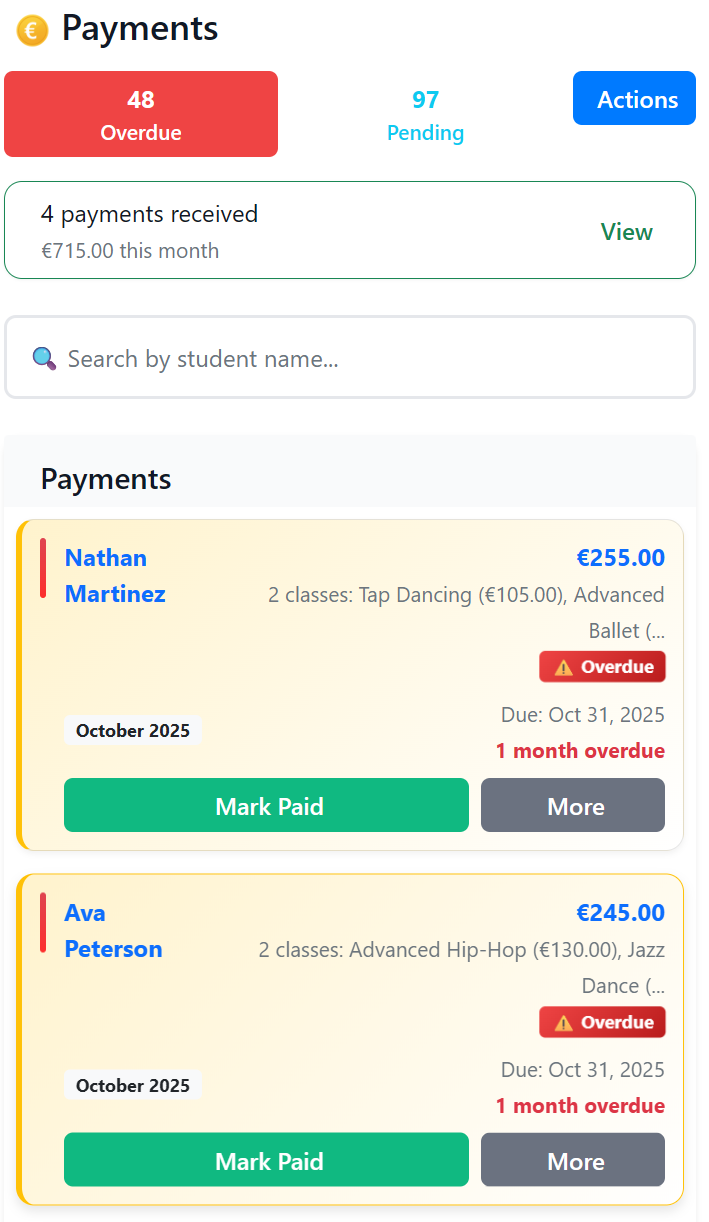 Payment reminder banner showing overdue parents with one-click send